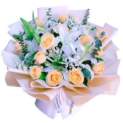 舟山16朵香槟玫瑰2支百合，爱的温暖和幸福