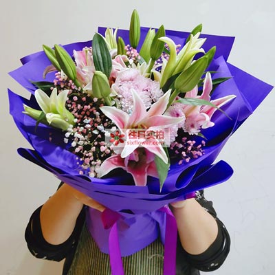 舟山6支粉色多头百合,真诚的问候